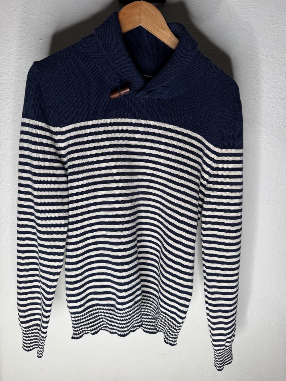 Celio Atelier Navy White Striped Shawl Collar Sweater Mens Size S NWT Cotton